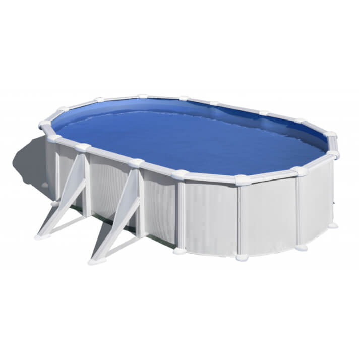 Piscina de pared de acero de chapa blanca y forma ovalada Gre Dream Pool Serie Atlantis. El kit incluye depuradora de arena, escalera de seguridad y tapiz de suelo. Disponible en 6 medidas: 500x300 (KITPROV508), 610x375 (KITPROV618), 730x375 (KITPROV738), 800x470 (KITPROV818), 915x470 (KITPROV918) y 1000x550 (KITPROV1028). Altura 132 cm. Liner de PVC azul 40/100.